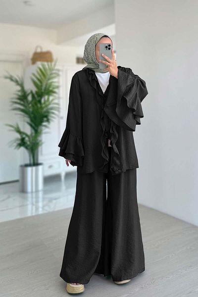 Ka Hijab Ruffle Detailed Flywheel Sleeve Suit - Black