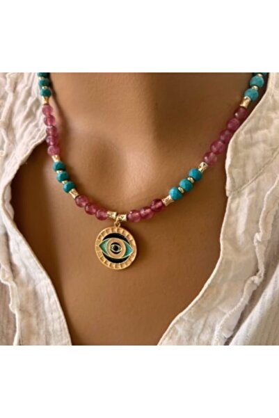Home Turkuaz & Çilek Kuvars Nazar Kolye