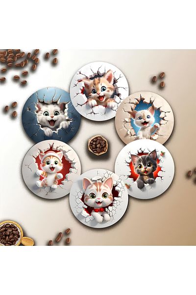 kutuTR 🐾   مجموعة من 6 قطع من قاعدة الشاي والقهوة من MDF بتصميم قطة لطيفة 🐾   BRD021