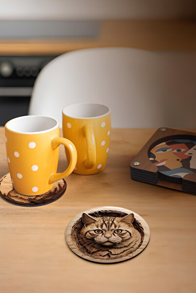 kutuTR 🐾   Wood Carved Look Cat Patterned 6-Piece Mdf Coaster Set Brd-023
