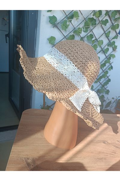 Blotch Stylish and Elegant Mesh Straw Beach Hat with Lace Bow Mink