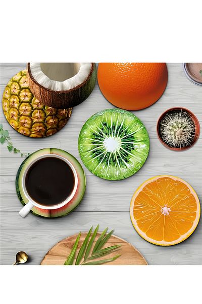 kutuTR 🍊   أكواب MDF منقوشة بالفواكه الملونة - مجموعة من 6 قطع 🍍   BRD-022