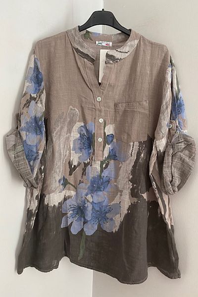 AYASOFYA OTANTIK Women's Italian Mink Patterned Button Detailed Folding Orphan Sleeve 100% Cotton Blouse
