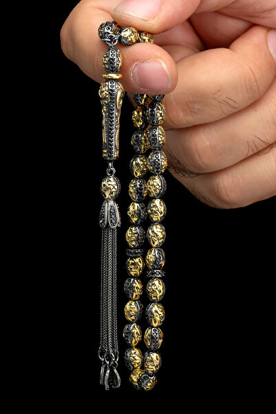 OTTOTESBİH Sertifikalı Altın ve Rodaj Kaplama Gümüş Tespih 6.5x8mm 45Gr Arpa Kesim