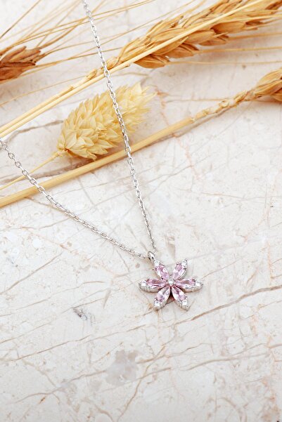 Sümer Telkari Pembe Taşlı Lotus Çiçeği Rodyum Kaplama Gümüş Kolye 8089