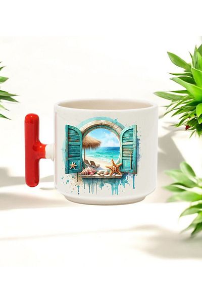 BB TRADE Red T-Handle Ceramic Printed Mug with Seaside Window Design 250 ml