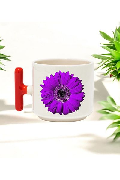 BB TRADE Purple Flower Design Red t Handle Ceramic Printed Mug Cup 250 ml