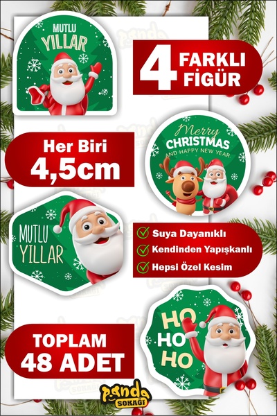PANDA SOKAĞI ملصق هدية عيد ميلاد سعيد، ملصق رأس السنة الجديدة، 4 أشكال مختلفة 4.5 سم، 48 قطعة