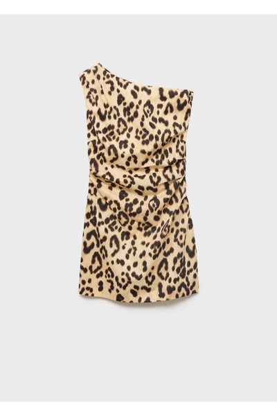 MANGO Woman Leopar desenli asimetrik yaka elbise
