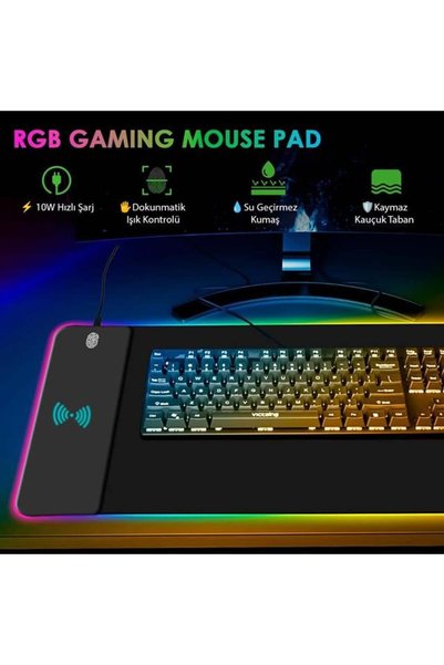 Powermaster PM-25115 XL RGB Gaming Mouse Pad Wireless Telefon Şarj Destekli 14 Modlu