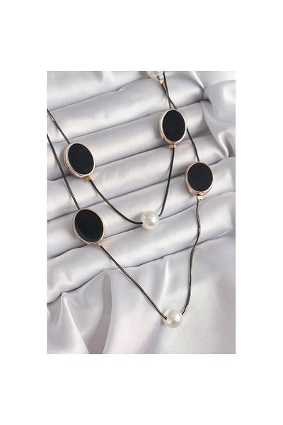 Skygo Brass Black Color Chain Multiple Women's Necklace with Pearl Detail - Tj-Bko9621