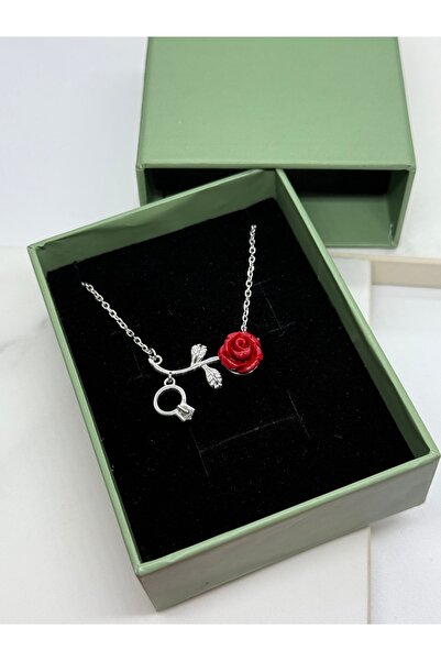 Unzilee KIRMIZI GÜLLÜ YÜZÜK SEMBOLLÜ 925 AYAR GÜMÜŞ KOLYE