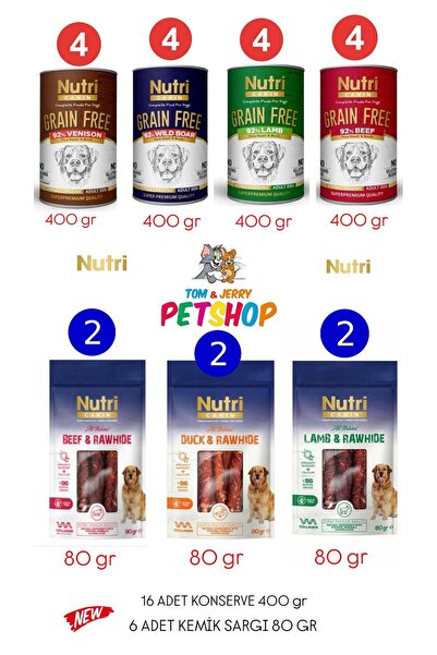 Nutri Canin Tahılsız 4 Çeşit Karışık Köpek Konserve 400 Gr. X 16 Adet/Rawhide Kemik Köpek Ödülü 80 Gr. X 6 Adet