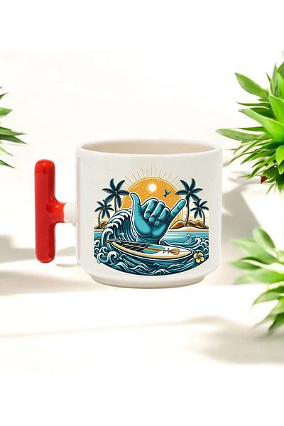 BB TRADE Red T-Handle Ceramic Printed Mug with Seaside Design 250 ml