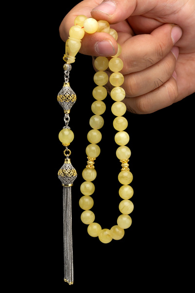 OTTOTESBİH Sertifikalı Gümüş Püskül Hakiki Damla Kehribar Tesbih 10mm 33Gr Küre Kesim