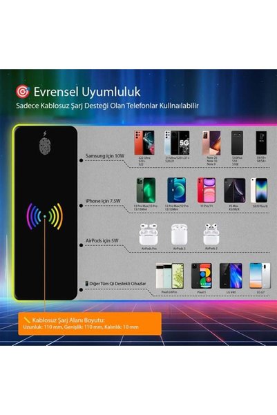 Powermaster PM-25115 XL RGB Gaming Mouse Pad Wireless Telefon Şarj Destekli 14 Modlu