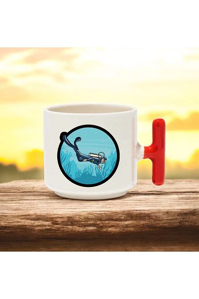 BB TRADE Diving Designed Red t Handle Ceramic Printed Mug Cup 250 ml