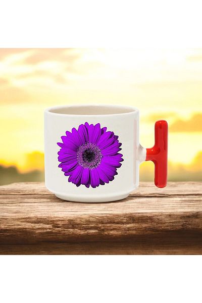 BB TRADE Purple Flower Design Red t Handle Ceramic Printed Mug Cup 250 ml