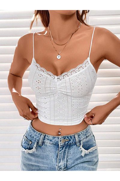 Marin Star Summer Embroidery Patterned Chest Low-Cut Strap Crop, Embroidery Patterned Summer Lace Chest Low-Cut Blouse