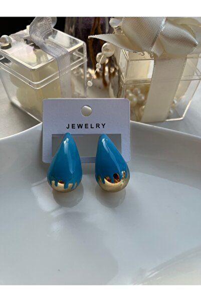 Metal أقراط على شكل قطرة زرقاء مع تفاصيل ذهبية