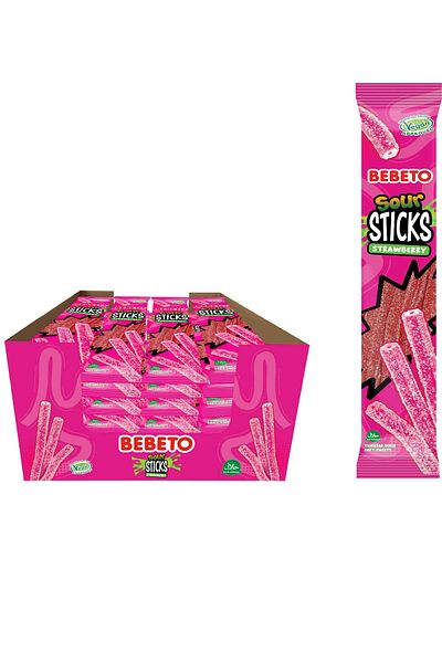 BEBETO Sour Stick – Căpșuni – 30g x 24 Bucăți | Jeleuri Acrișoare Umplute cu Cremă de Căpșuni