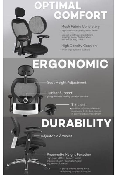 AWF AL WADI FURNITURE Tufsy Heavy Duty Ergonomic Mesh Executive Office Chair Swivel and Adjustable Lumbar Support - Black