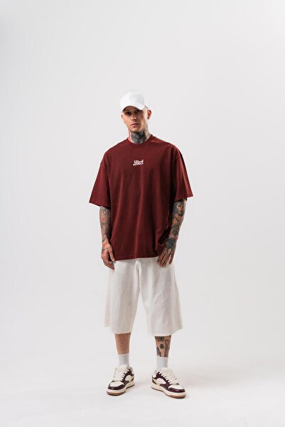 Respire Erkek Alert Baskılı Yıkamalı Oversize T-Shirt Bordo