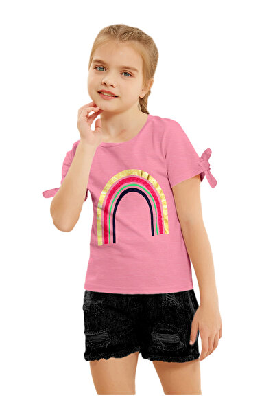 LAUREN SMITH Kids Girls Fashion Tie up Sleeve Tee with Foil Print 100 percent Cotton