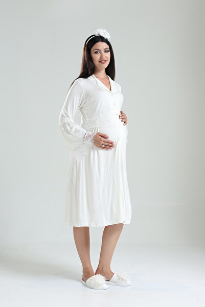 BLACKMORE Tuba Ekru Düğmeli Özel Dantel Tasarım Lohusa Hamile Gecelik