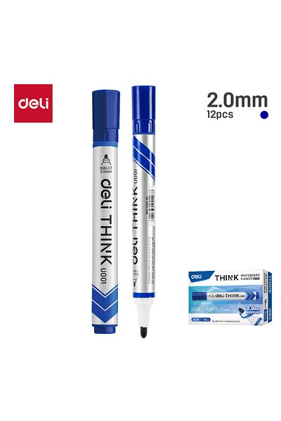 Deli EU00130 Think Whiteboard Marker Blue 2.0mm Bullet Tip 12pcs/box – ideal for school & office