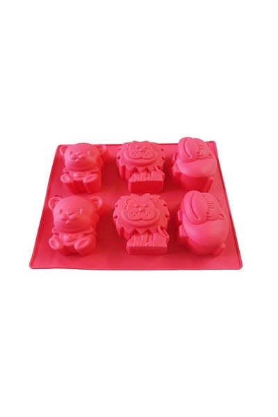 BV Silicone mold for cakes with Animals, Bear, Lion, Hippo, 6 cavities, Red, 24 cm, 488COF