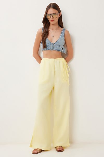 Lovelyİstanbul Lacing Detailed Slit Muslin Trousers Yellow Lbv0066