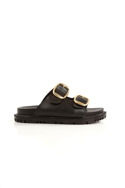 PAYZİN ''Sezen'' Black Skin Double Yellow Buckle Black Sole Orthopedic Slippers New Season