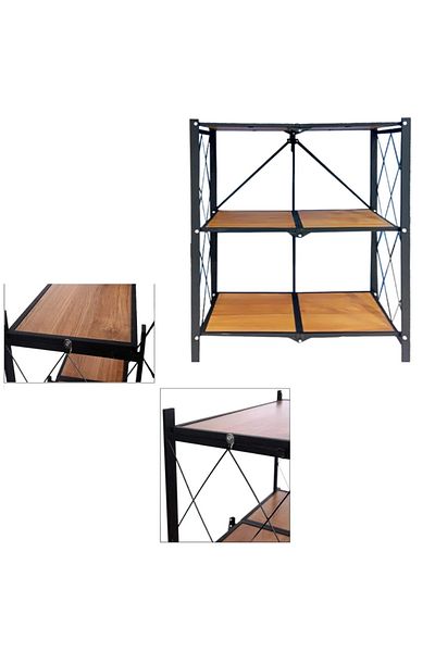 foryou Heavy Duty Foldable Storage Rack with Wooden Shelf for Kitchen and Home 3 Tier