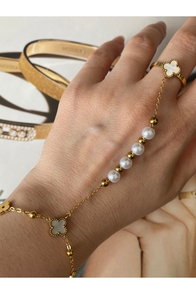 Pinery Jewels Yonca Yüzüklü Sıralı İncili Paslanmaz Çelik Kadın Şahmeran
