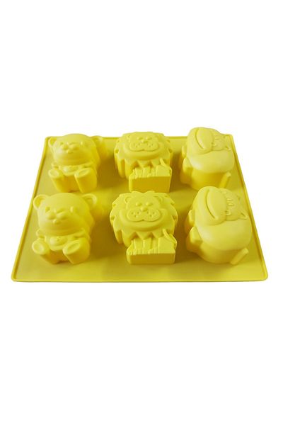 BV Formă de silicon pentru prăjituri cu animale, ursuleț, leu, hipopotam, 6 cavități, galben, 24 cm, 489COF