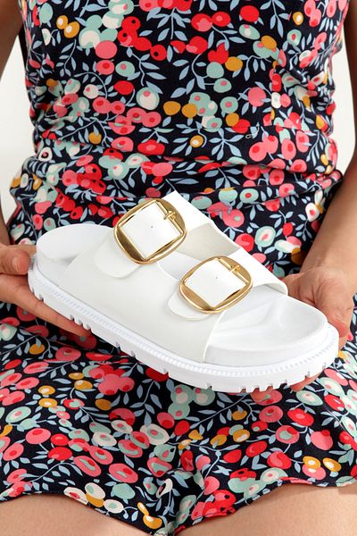 PAYZİN ''Sezen'' White Skin Double Yellow Buckle Orthopedic Slippers New Season