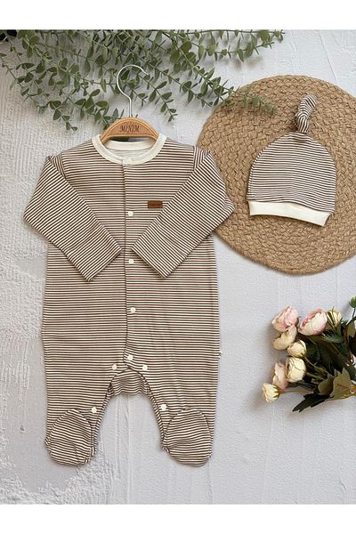 Minim Unisex Baby Romper with Striped Hat, Interlock Fabric, Snap Fastener Long Sleeve Booties Romper Set