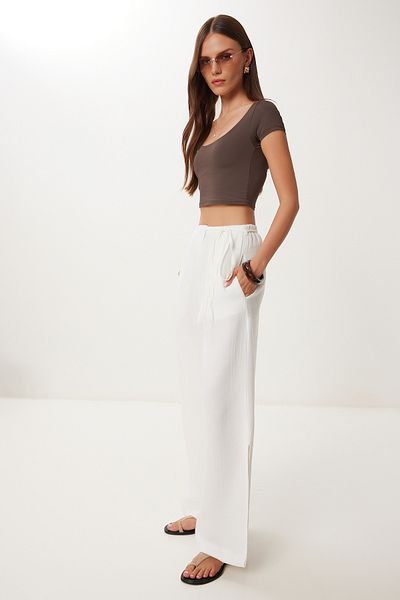 Lovelyİstanbul Lacing Detailed Slit Muslin Trousers Ekru Lbv0066