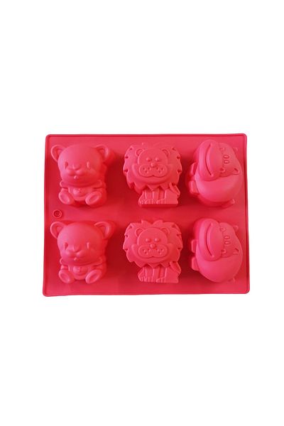 BV Silicone mold for cakes with Animals, Bear, Lion, Hippo, 6 cavities, Red, 24 cm, 488COF