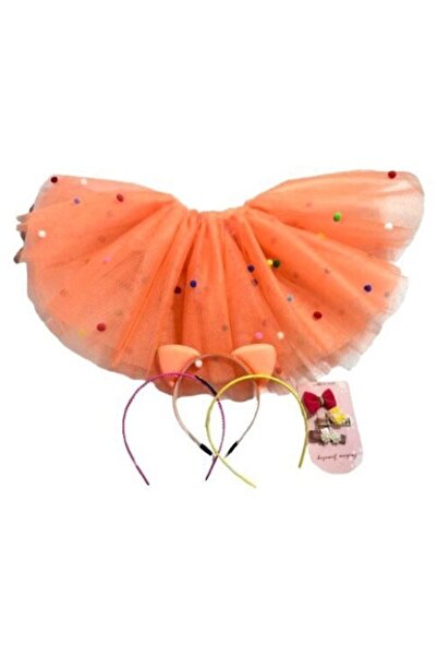 OEM Set fustita tulle, portocaliu cu bilute pom-pom, 3 coronite si 1 set de 3...