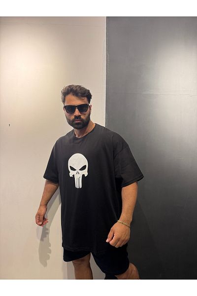 Bas Body FitnessWear Battal Size Punisher Printed Crew Neck Combed Cotton T-Shirt