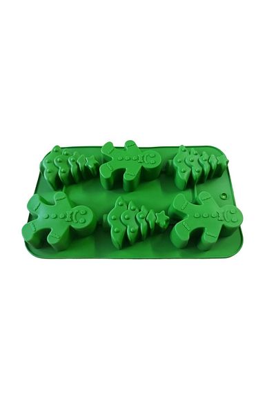 BV Formă de tort din silicon, temă de Crăciun, Brad, Omuleț de turtă dulce, 6 cavități, Verde, 25 cm, 484COF