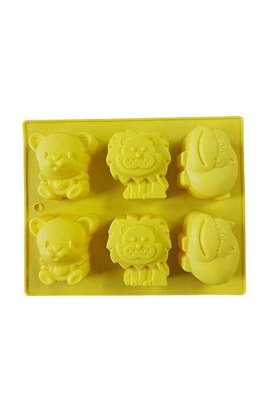 BV Formă de silicon pentru prăjituri cu animale, ursuleț, leu, hipopotam, 6 cavități, galben, 24 cm, 489COF