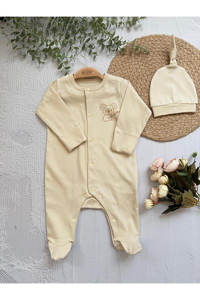 Minim Organic Koala Detailed Snap Fastener Jumpsuit with Hat