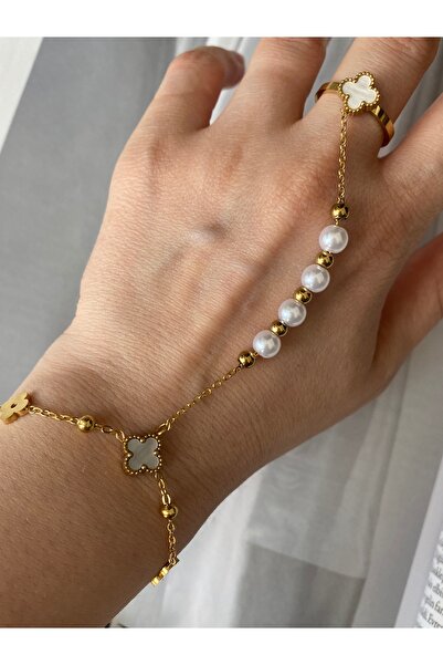 Pinery Jewels Yonca Yüzüklü Sıralı İncili Paslanmaz Çelik Kadın Şahmeran