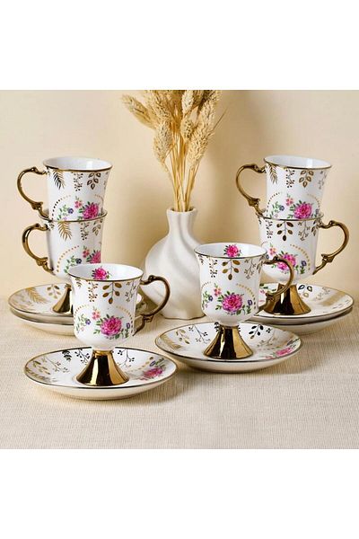 hinezahome Footed Gold Pink Cup Set Porcelain for 6 People