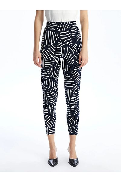 LC Waikiki Lcwaikiki Classic Navy Blue Patterned Women's Trousers with Elastic Waist