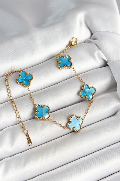 Toptan Bulurum 316L Steel Pearlescent Sky Blue Gold Color Clover Women's Bracelet