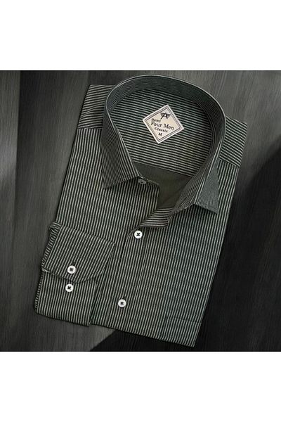 GÖMLEK GALERİSİ Men's Classic Wide Relaxed Fit Pocket Striped Long Sleeve Cotton Shirt